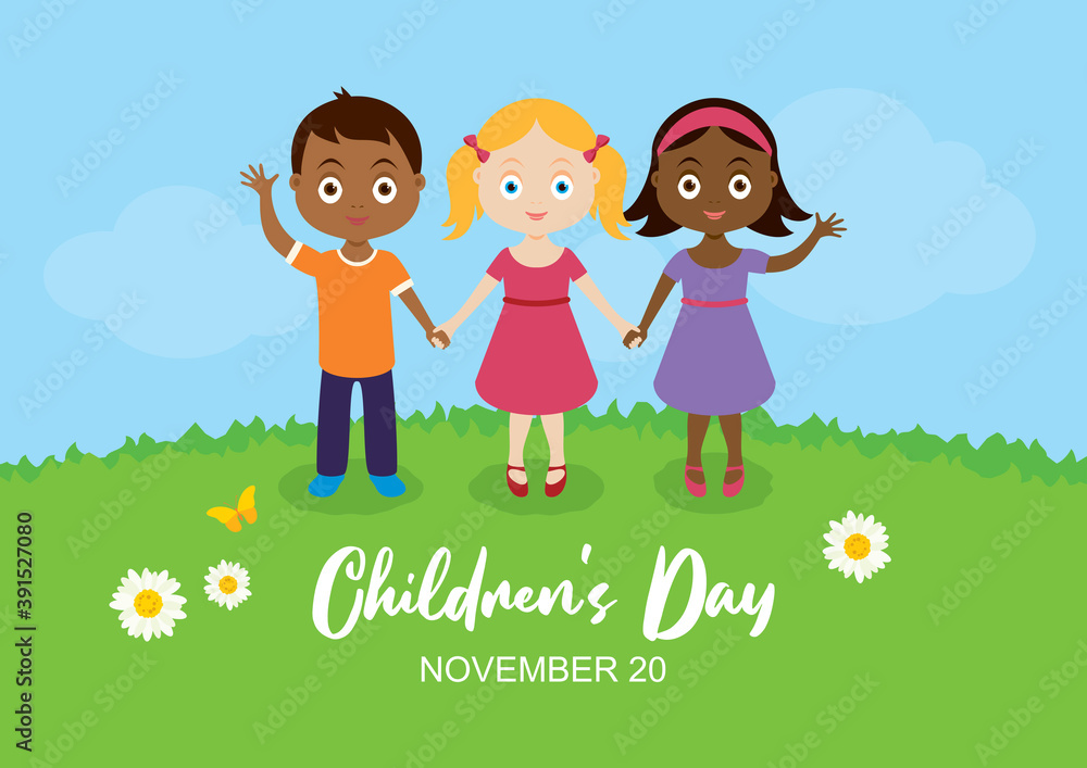 Children's Day Poster with cute kids in the meadow vector. Happy little boy and girls holding hands vector. Three multicultural children on a meadow icon. Children's Day Poster, November 20