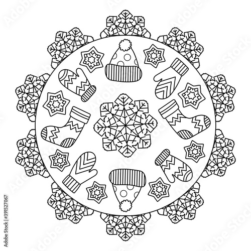 Coloring page mandala for kids. Winter coloring book with mittens, snowflakes, hat, socks. Vector illustration