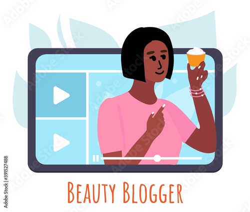 Black african Beauty blogger showing trend makeup tutorial with cream. woman creating content and posting on social media. Vector flat.