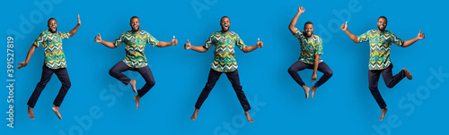 Collage of jumping black guy in traditional african costume