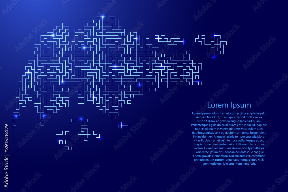Naklejka premium Singapore map from blue pattern of the maze grid and glowing space stars grid. Vector illustration.