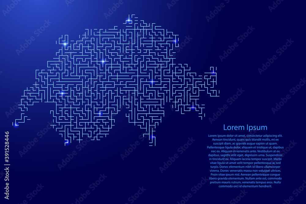 Switzerland map from blue pattern of the maze grid and glowing space stars grid. Vector illustration.