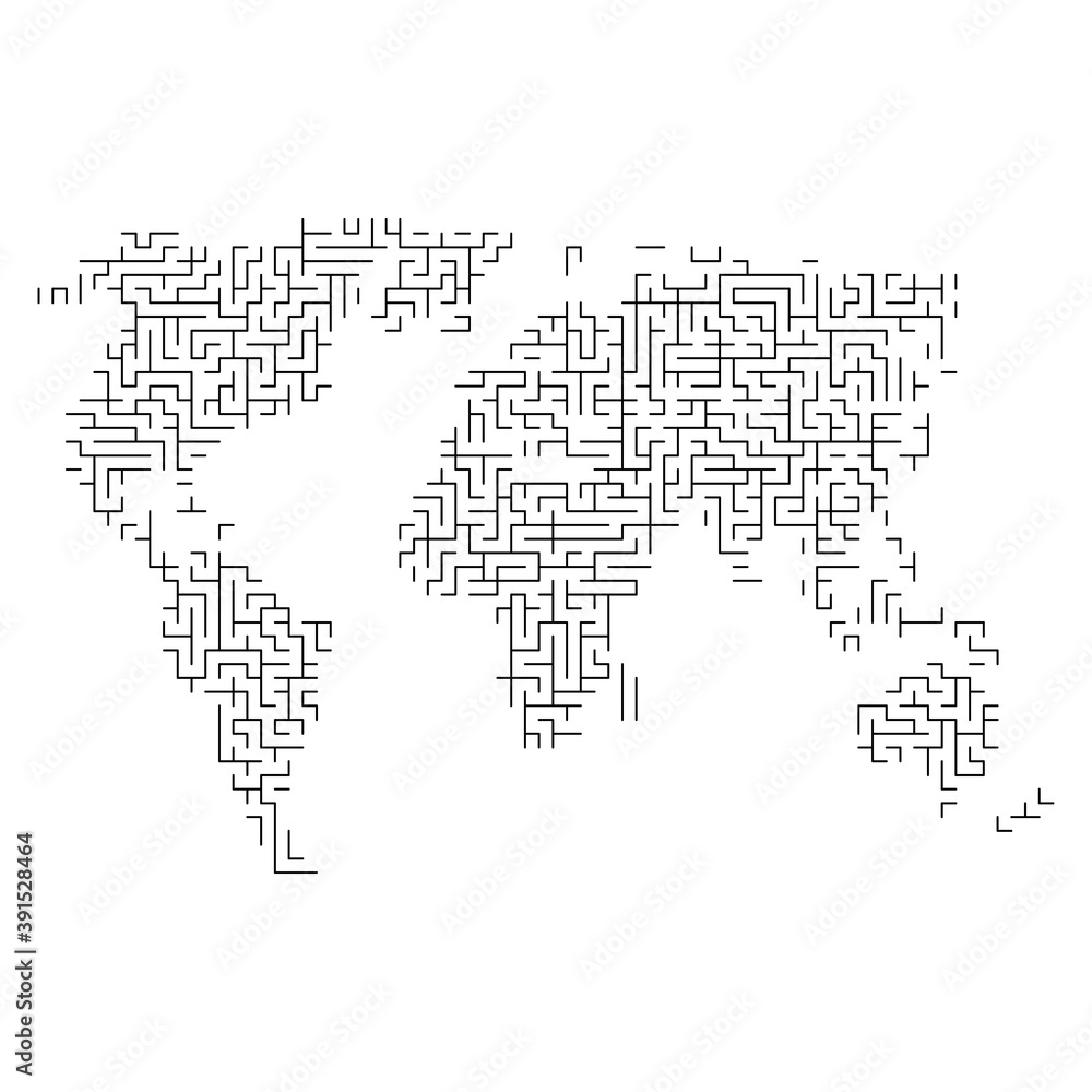 World map from black pattern of the maze grid. Vector illustration.