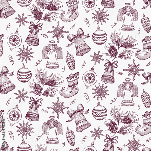 Vector seamless pattern Christmas, New Year with hand drawn elements. Romantic illustration in vintage style, greeting card. Winter template.