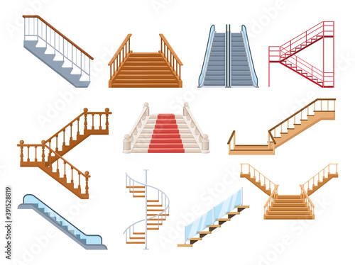 Wooden and metal staircase with handrails set. Wooden staircases covered with carpet, spiral staircase, store escalator, floor to floor ladder isolated cartoon