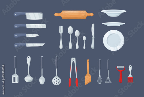 House cookware utensils for cooking. Set of kitchen knives, cutlery forks, spoons, set of ladles, potholders, tongs, spatulas, plates, whisks and brushes for baking, peel cleaner cartoon