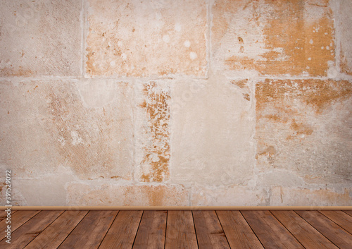 Background for photo studio with wooden table and backdrop