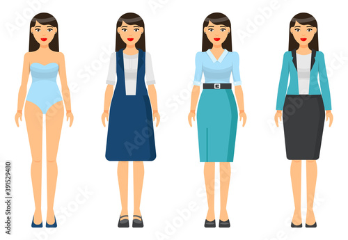 Cartoon characters. Woman brunette with short haircut wearing different clothes. Girl in underwear. Businesslady wear business and home dress, skirt and blouse, office suit with jacket. Set of clothes