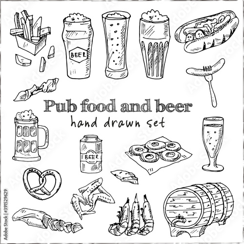 Pub food and beer Menu doodle icons on chalkboard. Vector illustration