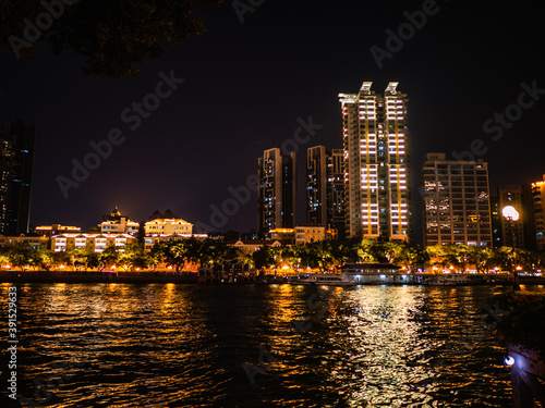 Guangzhou/china-24 Aug 2019:Cityscape of Guangzhou city with pearl river in the night.Guangzhou also known as Canton is the capital and most populous city of Guangdong