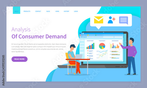 Analysis of consumer demand website vector. Workers with laptop discuss statistical indicators, analyze sales charts and graphs, make a plan to attract customers. Webpage template, landing page