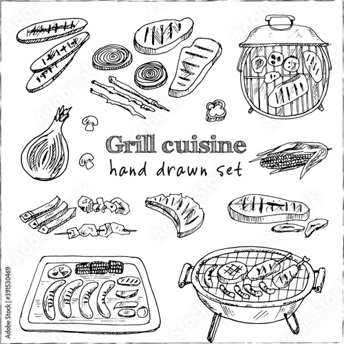 Grill cuisine Menu doodle icons on chalkboard. Vector illustration