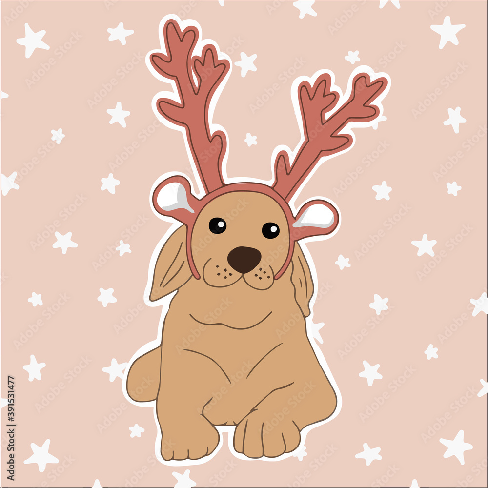 Vector of a beautiful large breed dog, golden, with some Christmas reindeer antlers. Vector of a beautiful large breed dog, golden, with some Christmas reindeer antlers.