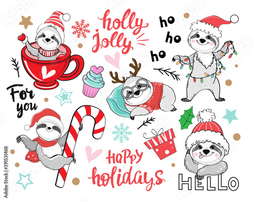 Funny Christmas sloths collection. Vector cartoon illustration. Set for the winter holidays