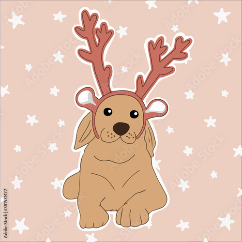 Vector of a beautiful large breed dog, golden, with some Christmas reindeer antlers.