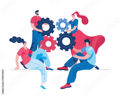 Boys and girls connect parts of the mechanism. Concept of a vector illustration in a flat style on the theme of teamwork and joint solutions.