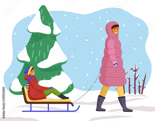 Mother and daughter on a winter walk. Woman sledding a child. Family members walking together in cold weather outdoor, happy joint weekend, mom with girl ride on sleigh have fun in a snowy spruce park