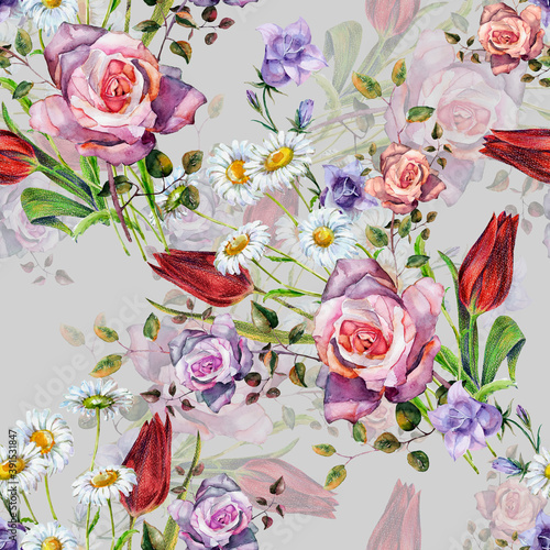Seamless pattern with garden  flowers painting in watercolor  on gray background. Bouquet flowers tulip  rose  chamomile and bluebell.