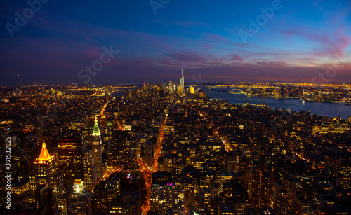 New York Manhattan skyline top view during autumn sunset with amazing colors and sights of skyscrapers © Dragoș Asaftei