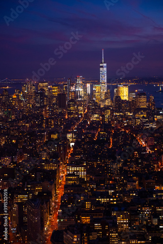 New York Manhattan skyline top view during autumn sunset with amazing colors and sights of skyscrapers