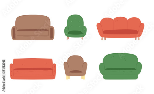 Sofa and couches colorful cartoon illustration vector set. Comfortable lounge for interior design isolated on white, green armchair, leather seat