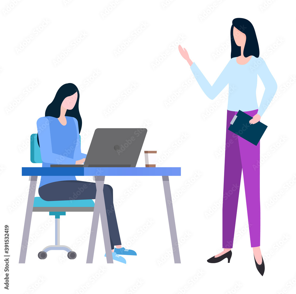 Female brokers discussing trades and sales isolated. Vector woman walking with laptop, training at work and controlling by supervisor, people collaboration Female brokers discussing trades and sales isolated. Vector woman walking with laptop, training at work and controlling by supervisor, people collaboration