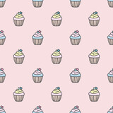 Cute pastel cupcake pattern, Hand drawn cupcakes, pink muffin background vector pattern. Cute pastel cupcakes pattern. Simple muffin background.