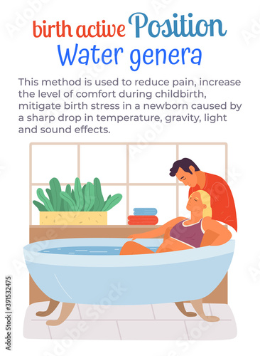 Pregnancy preparing, wife and husband joint birth. Pregnant woman giving natural birth with husband in a bathtube full of water. Active position use to reduce pain during childbirth information poster