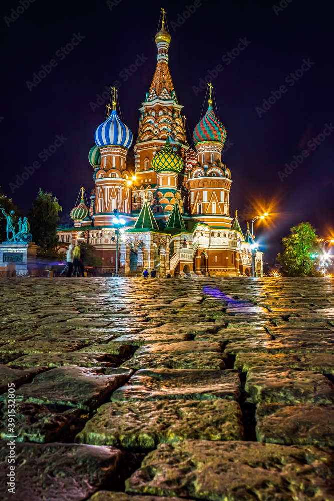 St. Basil's Cathedral on Red Square at night. One of the most popular attractions in Russia.