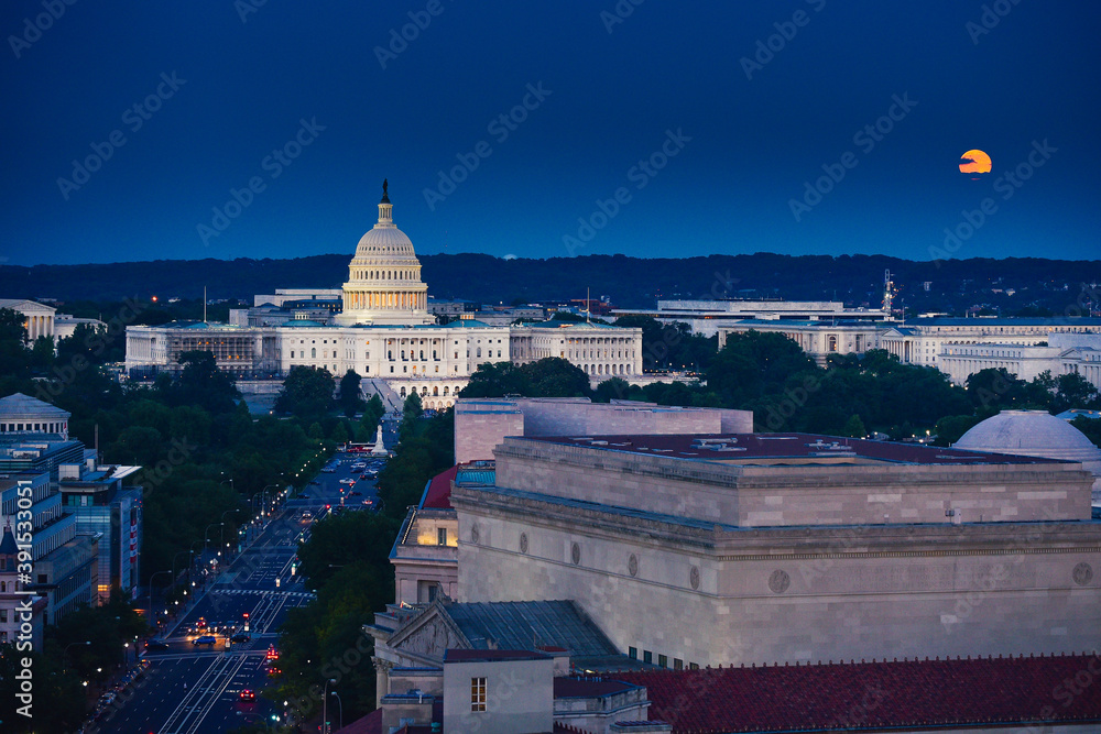 Capitol building from Washington in blue hour evening light amazing view
