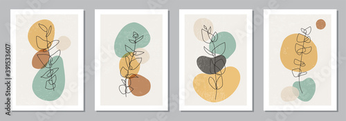 Set of minimalist posters with botanical branch and leaves abstract collage
