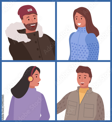 Smiling man and woman cartoon character wearing warm jacket and sweater with hat and earflaps. Brunette male and female in casual style of clothing, People portrait view in winter clothes set vector