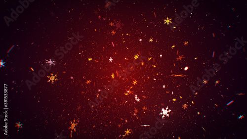 golden snow particles shining stars dust bokeh glitter awards dust abstract background. Futuristic glittering in space on red gradient background. 