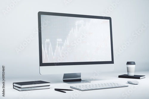 Modern computer screen with abstract creative financial chart, research and analytics concept. 3D Rendering