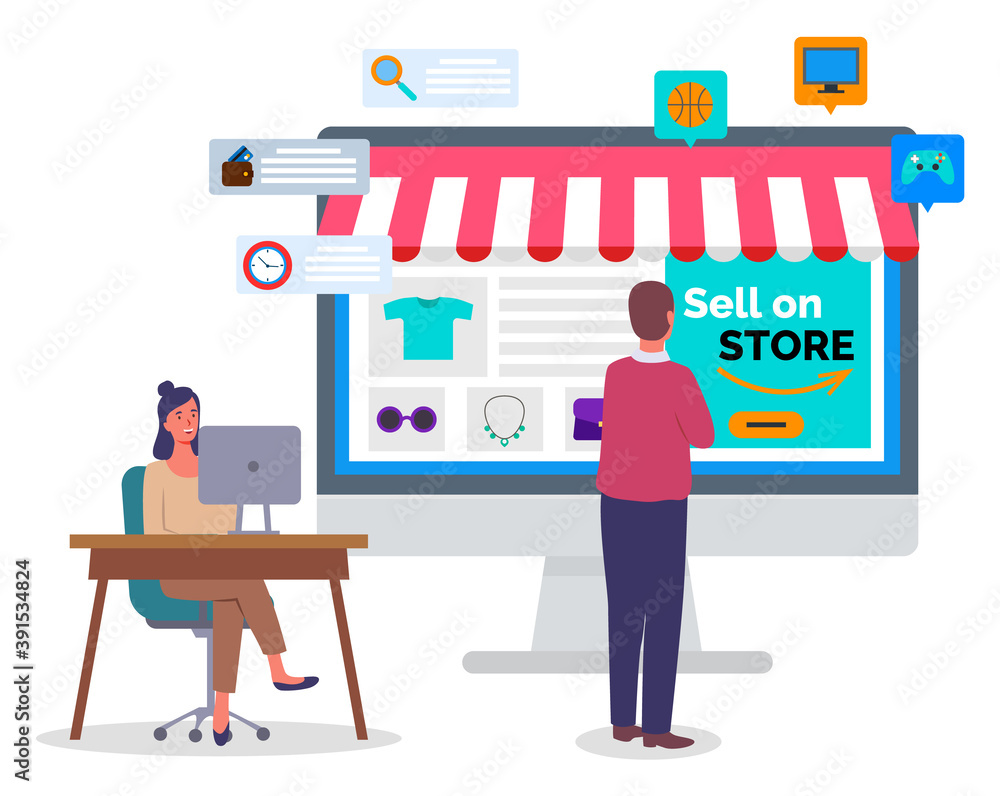 Online shopping concept on computer desk vector flat illustration. People buyer and manager in office. Woman marketer compiles a store page on the Internet. A man selects a product on the site page Online shopping concept on computer desk vector flat illustration. People buyer and manager in office. Woman marketer compiles a store page on the Internet. A man selects a product on the site page