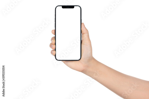 Mock up screen smartphone on women hand, Close up phone front display with blank screen, Mobile phone isolated on white background, Woman hand holding black smartphone with copy space,.Concept social.