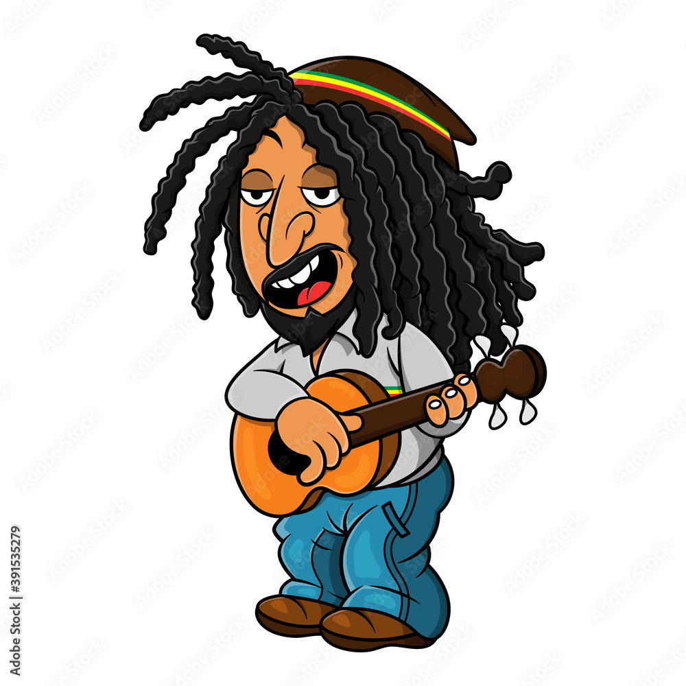 Afro-caribbean man with dreadlocks hairstyle wearing beanie hat with rasta  flag colors, playing reggae music with acoustic guitars, best for sticker,  decoration, or t-shirt design with reggae themes Stock Vector | Adobe