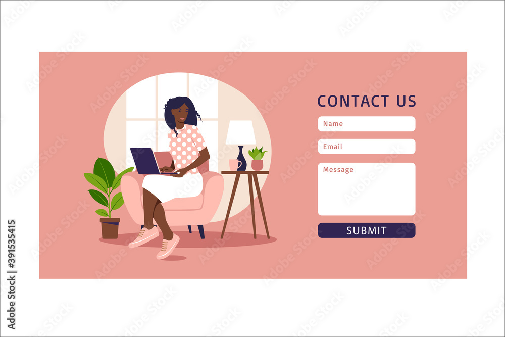 Contact us form template for web and Landing page. African female customer talking with client. Online customer support, help desk concept and call center. Vector illustration in flat. Contact us form template for web and Landing page. African female customer talking with client. Online customer support, help desk concept and call center. Vector illustration in flat.