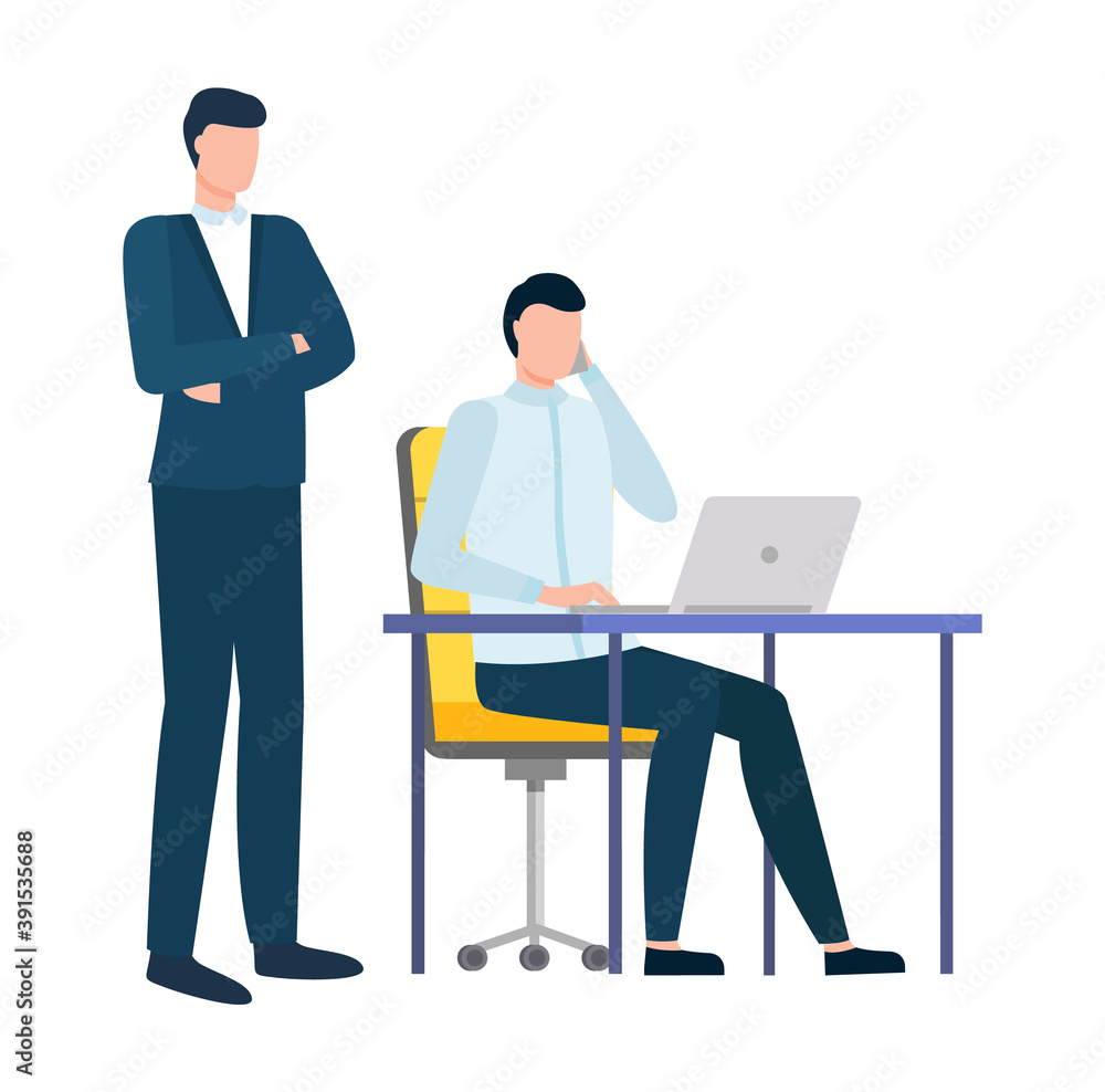 Supervisor and worker vector, man working on laptop, employer and employee flat style. Person talking on phone at working place. Developer at work