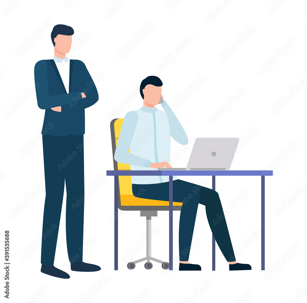 Supervisor and worker vector, man working on laptop, employer and employee flat style. Person talking on phone at working place. Developer at work Supervisor and worker vector, man working on laptop, employer and employee flat style. Person talking on phone at working place. Developer at work