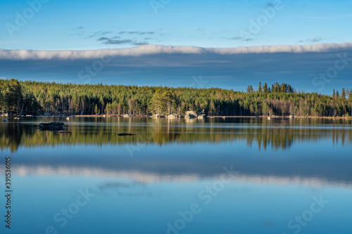 Summer view of the shore of a small lake in Sweden