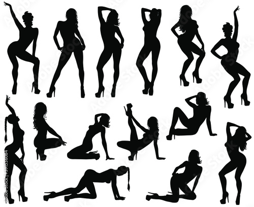 Set of vector silhouettes of sexy pinup girls in dance shoes. Shapes of beautiful dancing woman in different poses. Beauty and fashion model icons isolated on white background. photo