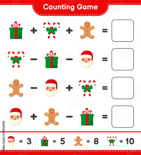 Counting game, count the number of christmas decoration and write the result. Educational children game, printable worksheet, vector illustration