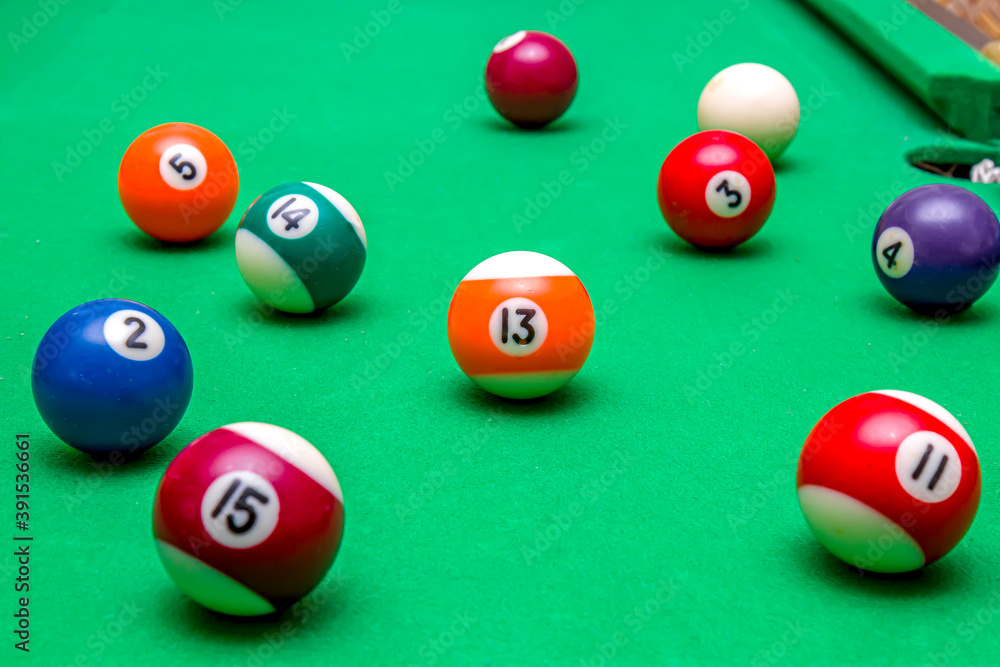 Sports game of billiards on a green cloth. Multi-colored billiard balls with numbers on a pool table. Active leisure and entertainment. Billiards. Billiard balls close-up. Sports game of billiards on a green cloth. Multi-colored billiard balls with numbers on a pool table. Active leisure and entertainment. Billiards. Billiard balls close-up.