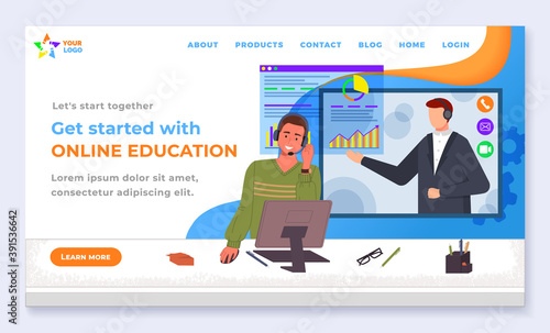 Online education and distance learning vector illustration landing page, web page template. Man using a computer and headphones for distance education, video lesson teacher leads a class remotely