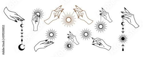 Line art of witch hands with celestial bodies, moon phases, crescent, sun, set of celestial bodies and mystic magical elements in vintage boho style. Female hand illustration