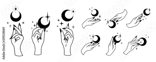 Line art of witch hands with celestial bodies, moon phases, crescent, sun, set of celestial bodies and mystic magical elements in vintage boho style. Female hand illustration