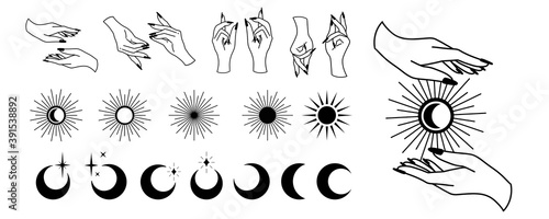 Line art of witch hands with celestial bodies, moon phases, crescent, sun, set of celestial bodies and mystic magical elements in vintage boho style. Female hand illustration