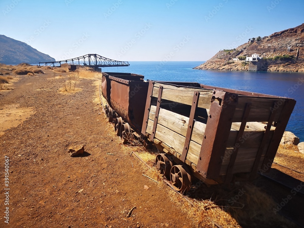 rusty old mining cart on the island of Serifos, Greece