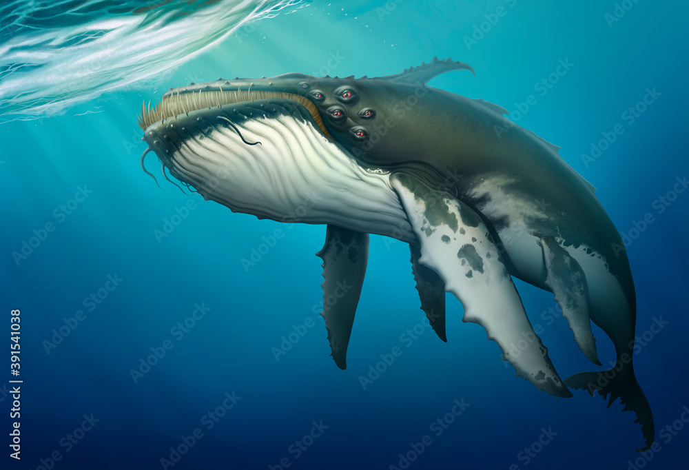 Monster whale black under water realistic illustration on background. Giant sea mutant monster.